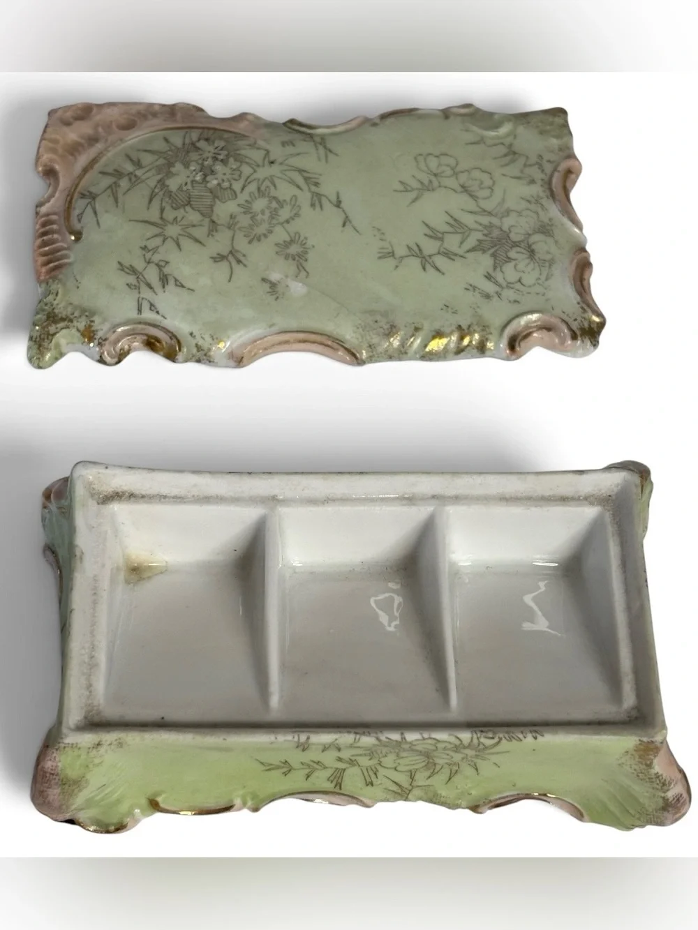 Vintage Tilso Japan Green Floral Porcelain Trinket Box & Bud Vase Vanity set